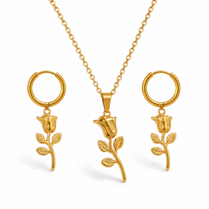 18K Gold-Plated Rose Pendant Necklace & Earrings Set